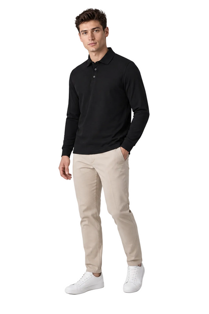 Men's Long Sleeve Polo Shirt Solid Color Classic Fit in Black - longinho view