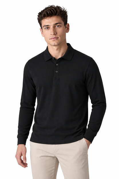 Men's Long Sleeve Polo Shirt Solid Color Classic Fit in Black - perto view