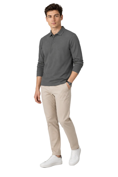 Men's Long Sleeve Polo Shirt Solid Color Classic Fit in Dark Gray - longinho view
