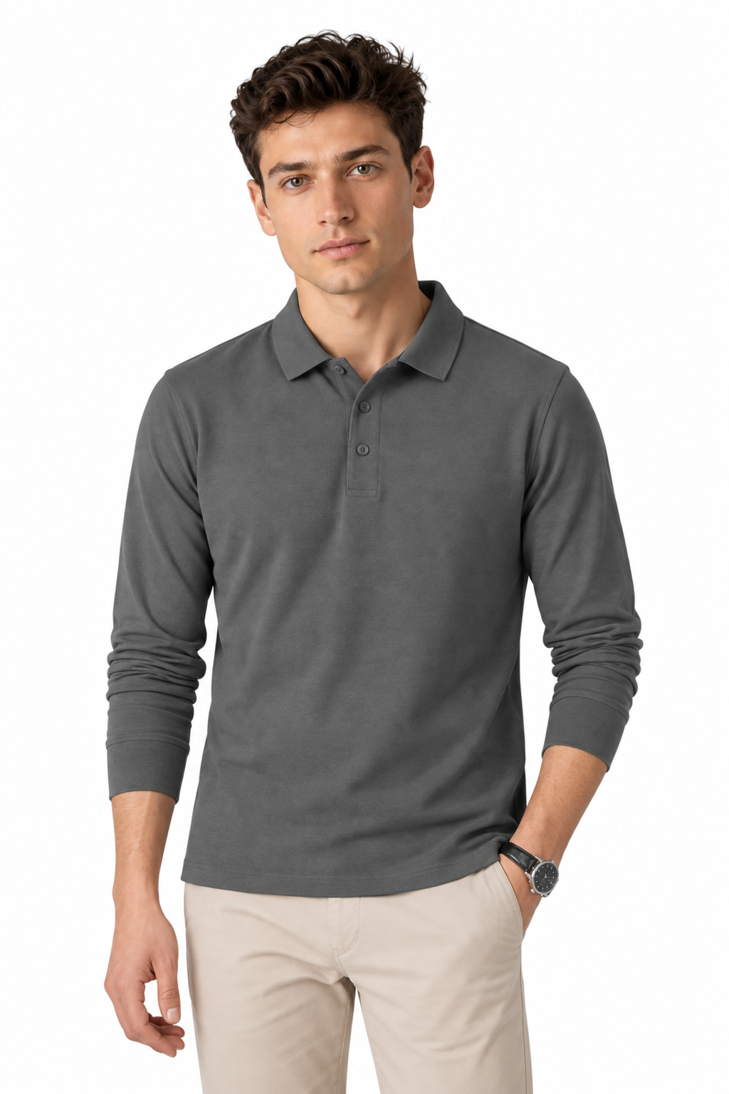 Men's Long Sleeve Polo Shirt Solid Color Classic Fit in Dark Gray - perto view