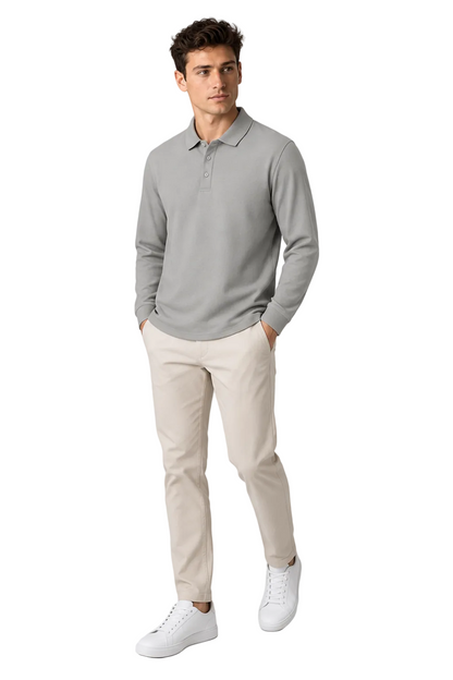 Men's Long Sleeve Polo Shirt Solid Color Classic Fit in Light Gray - longinho view