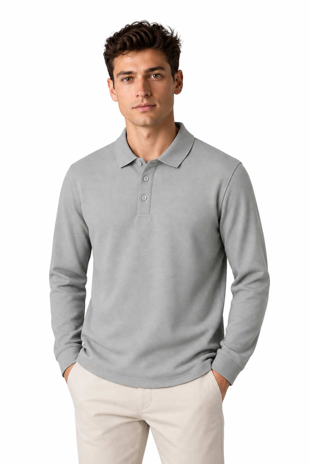 Men's Long Sleeve Polo Shirt Solid Color Classic Fit in Light Gray - perto view