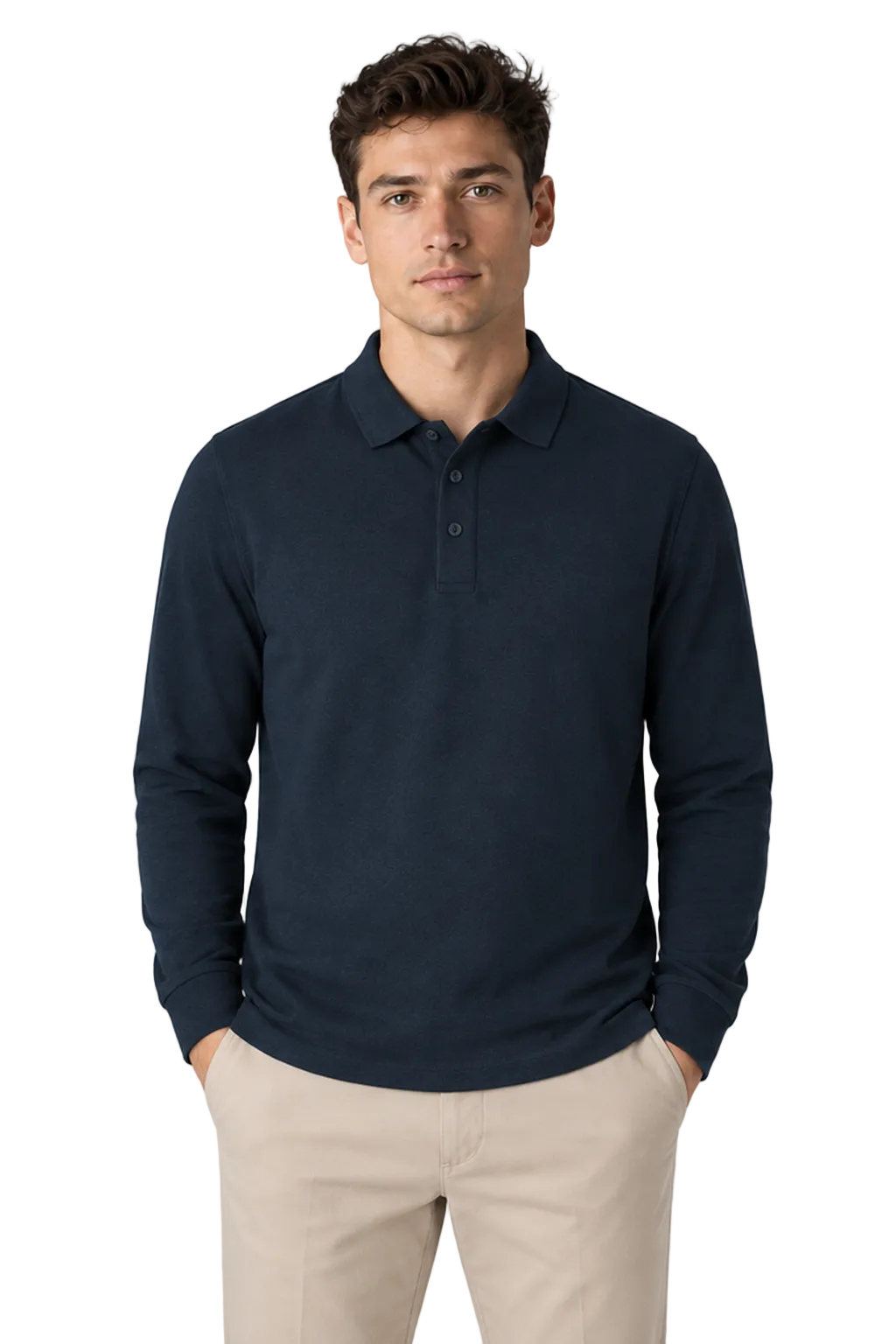 Men's Long Sleeve Polo Shirt Solid Color Classic Fit in Navy Blue - front view