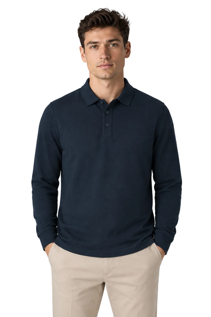 Men's Long Sleeve Polo Shirt Solid Color Classic Fit in Navy Blue - front view