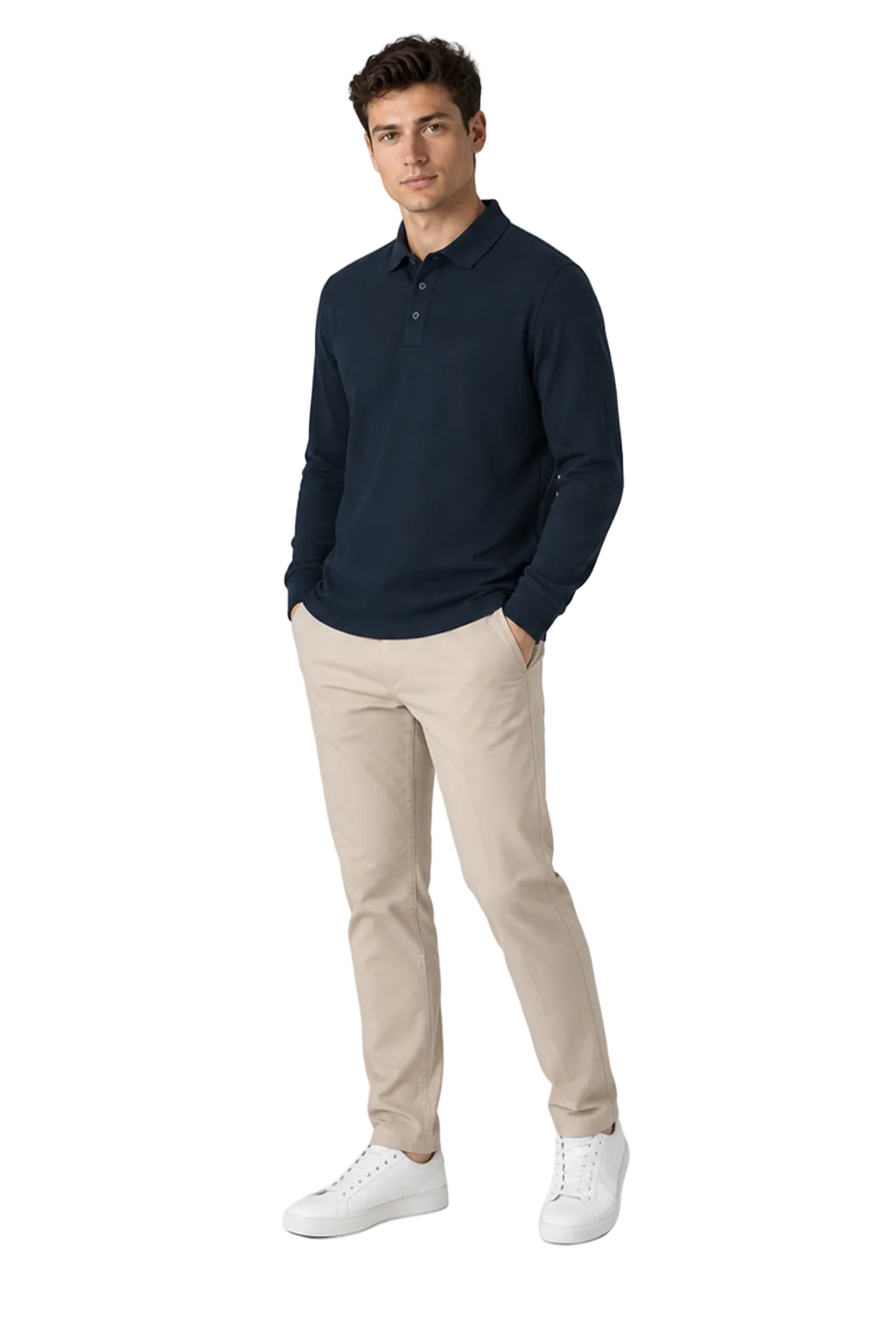 Men's Long Sleeve Polo Shirt Solid Color Classic Fit in Navy Blue - longinho view