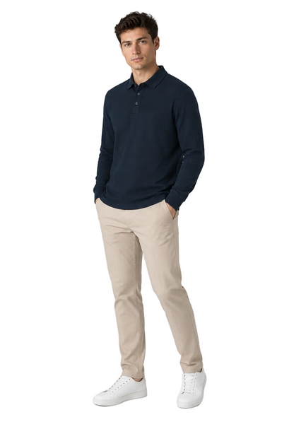 Men's Long Sleeve Polo Shirt Solid Color Classic Fit in Navy Blue - longinho view