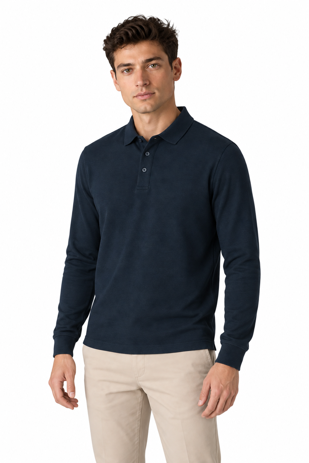 Men's Long Sleeve Polo Shirt Solid Color Classic Fit in Navy Blue - perto view