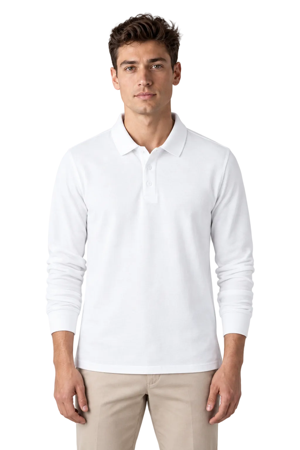 Men's Long Sleeve Polo Shirt Solid Color Classic Fit in White - front view