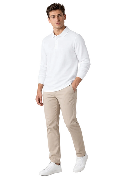 Men's Long Sleeve Polo Shirt Solid Color Classic Fit in White - longinho view