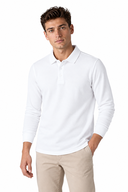 Men's Long Sleeve Polo Shirt Solid Color Classic Fit in White - perto view