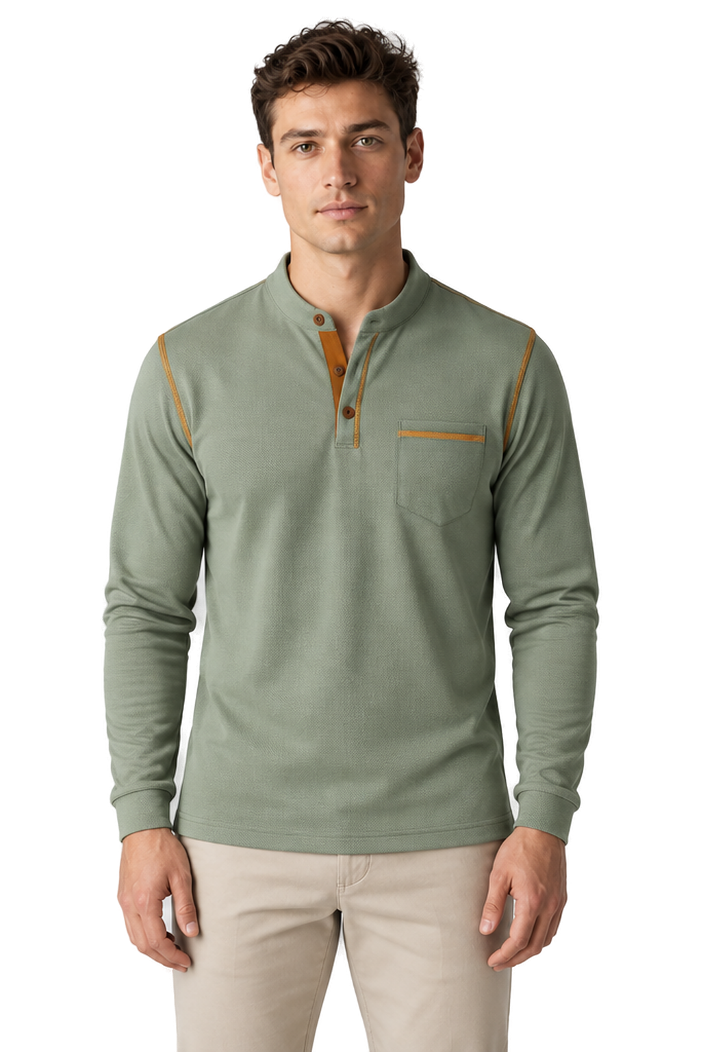 Men's Long Sleeve Polo Shirt Textured Fabric Chest Pocket in Army Green - front view