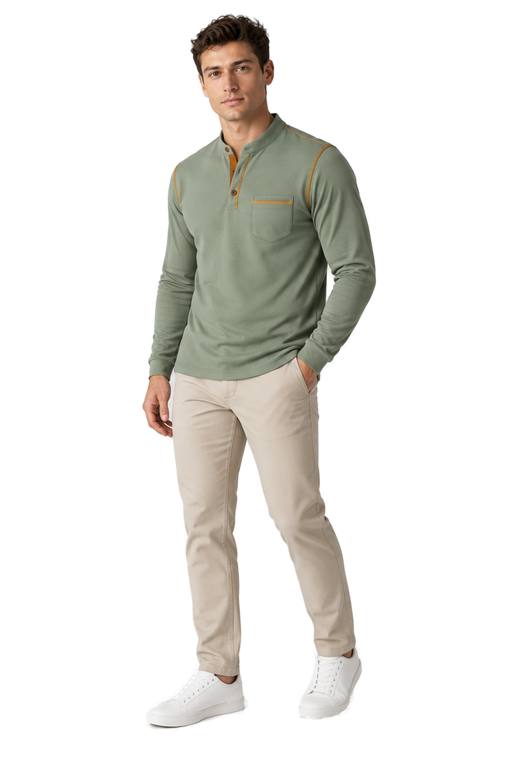 Men's Long Sleeve Polo Shirt Textured Fabric Chest Pocket in Army Green - longinho view