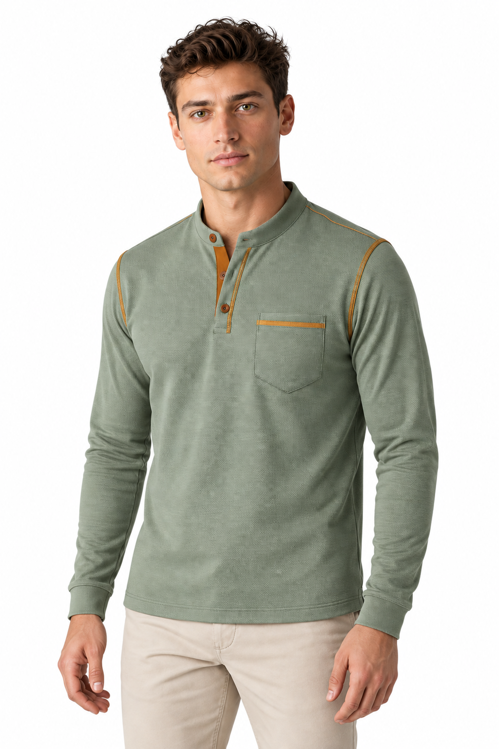 Men's Long Sleeve Polo Shirt Textured Fabric Chest Pocket in Army Green - perto view