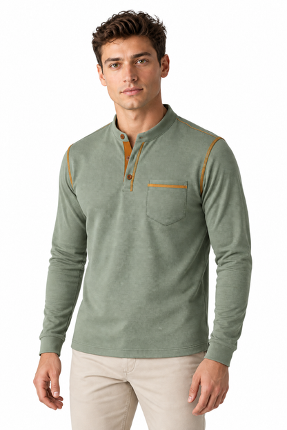 Men's Long Sleeve Polo Shirt Textured Fabric Chest Pocket in Army Green - perto view