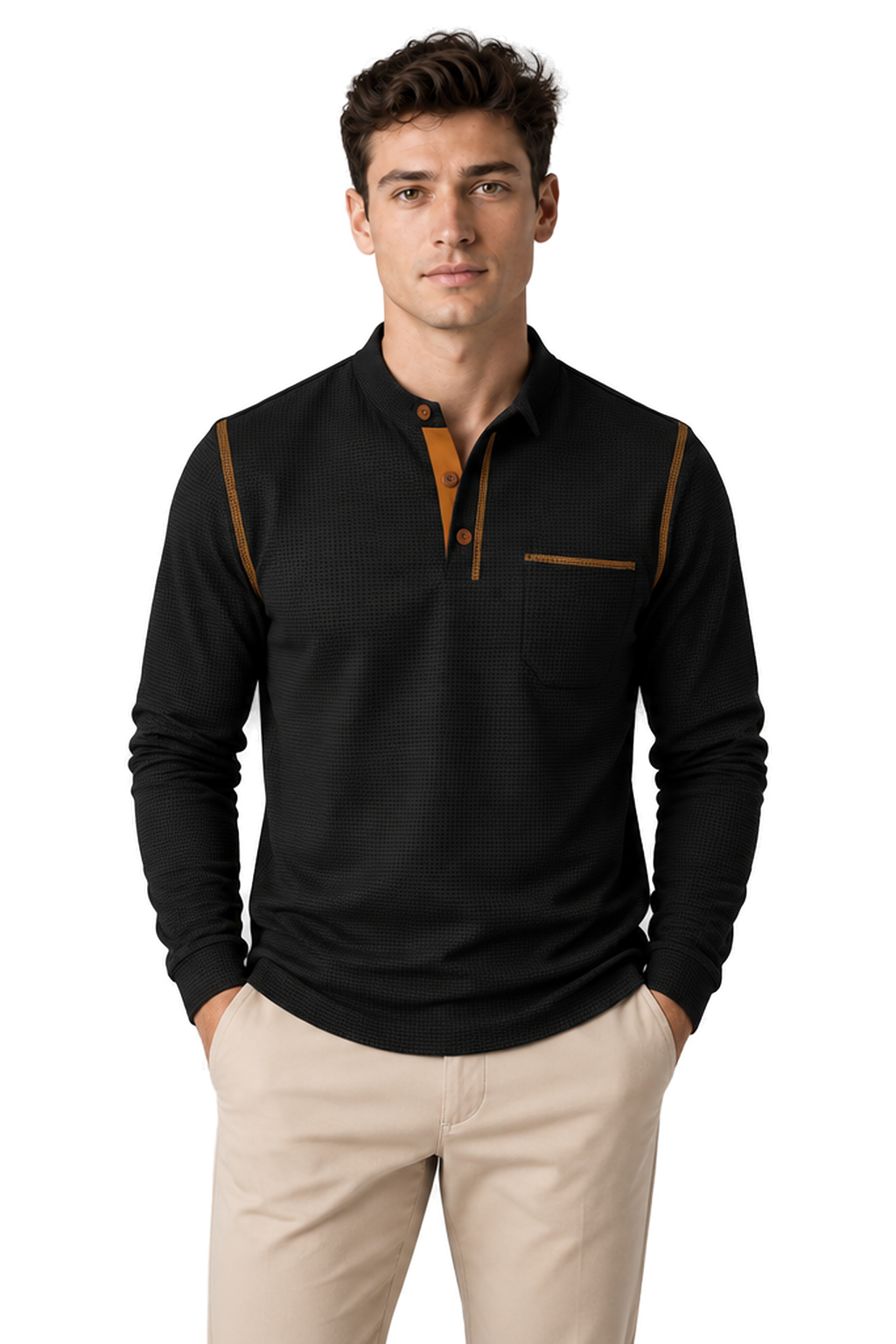 Men's Long Sleeve Polo Shirt Textured Fabric Chest Pocket in Black - front view
