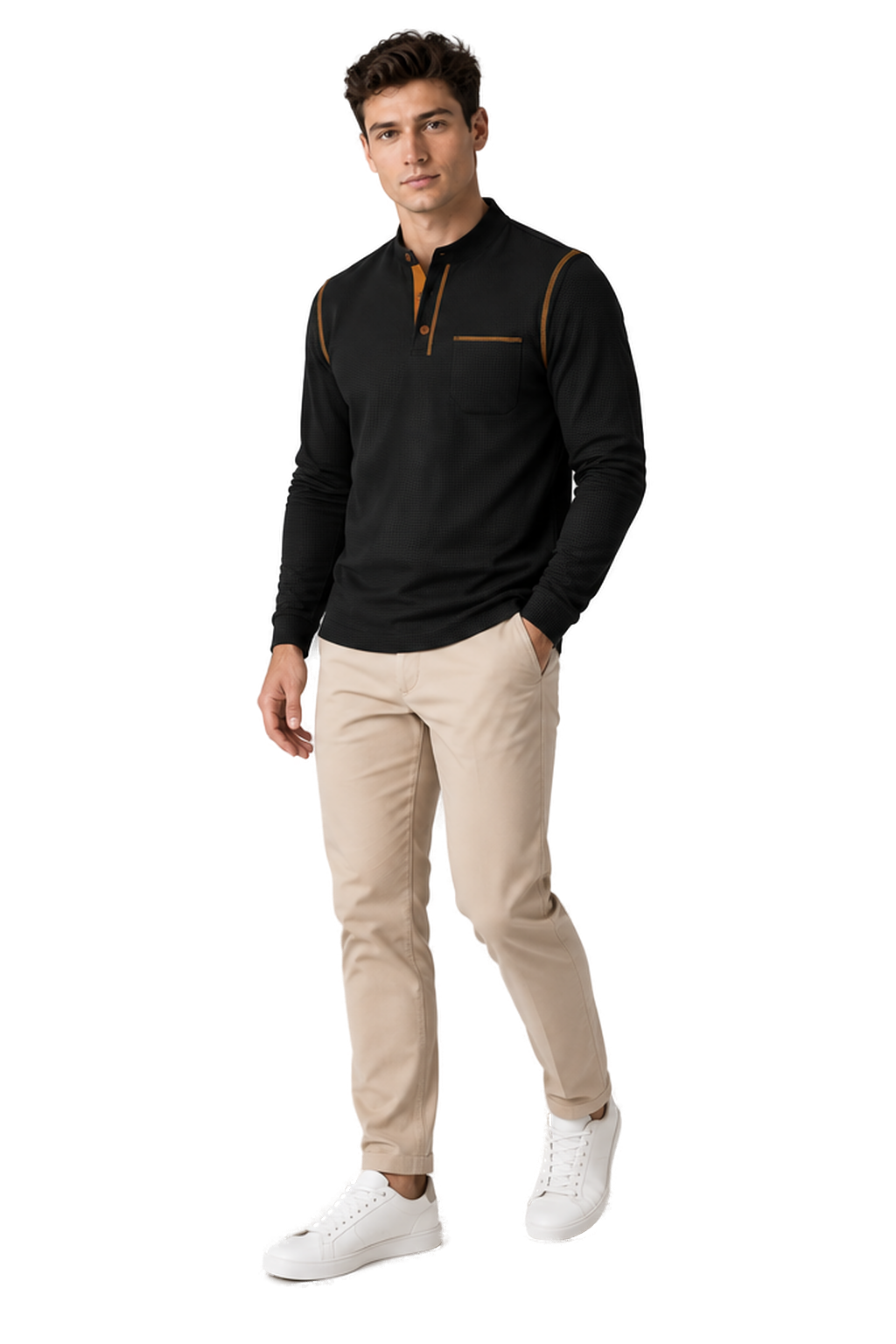 Men's Long Sleeve Polo Shirt Textured Fabric Chest Pocket in Black - longinho view