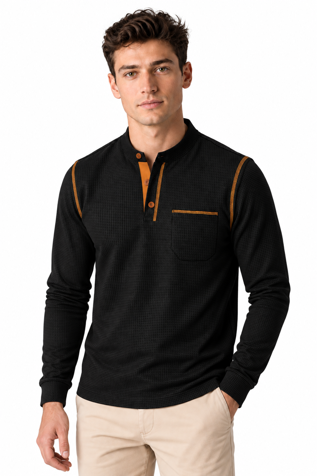 Men's Long Sleeve Polo Shirt Textured Fabric Chest Pocket in Black - perto view