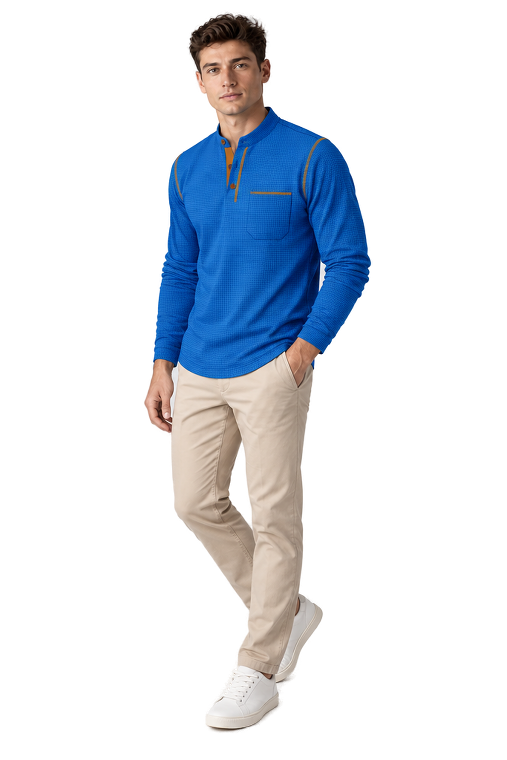 Men's Long Sleeve Polo Shirt Textured Fabric Chest Pocket in Blue - longinho view