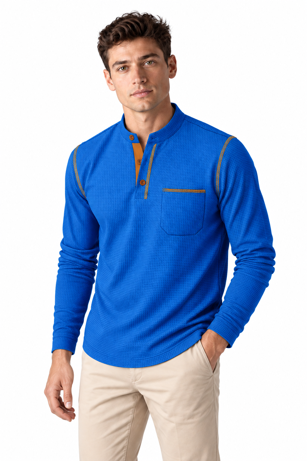 Men's Long Sleeve Polo Shirt Textured Fabric Chest Pocket in Blue - perto view