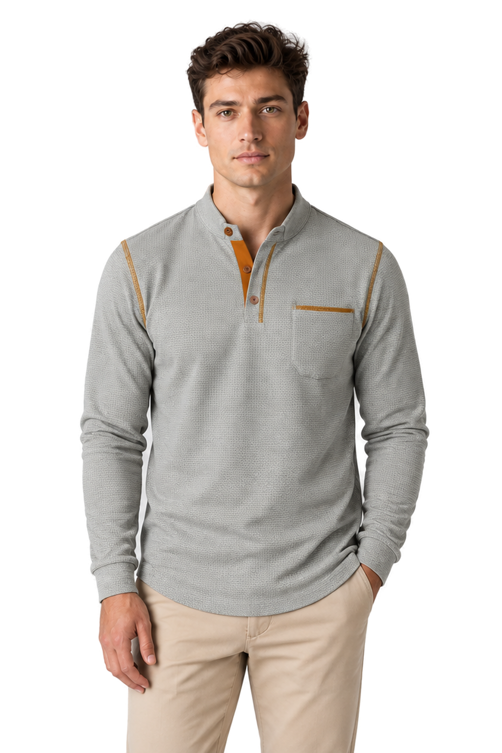 Men's Long Sleeve Polo Shirt Textured Fabric Chest Pocket in Gray - front view