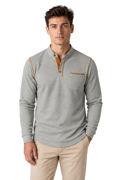 Men's Long Sleeve Polo Shirt Textured Fabric Chest Pocket in Gray - front view