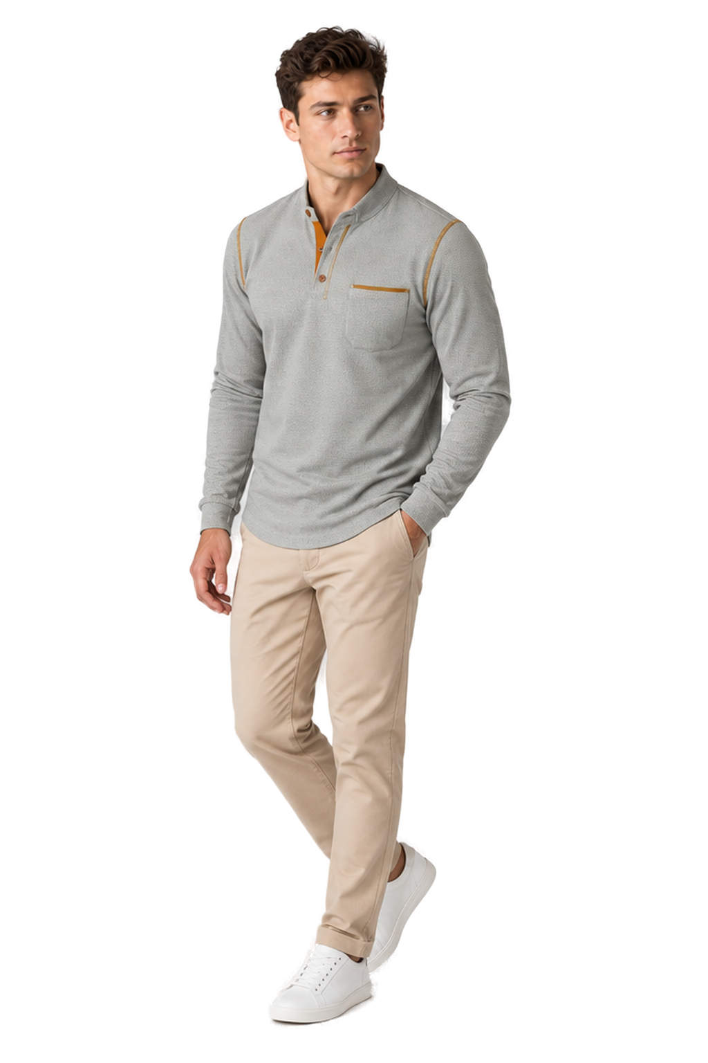 Men's Long Sleeve Polo Shirt Textured Fabric Chest Pocket in Gray - longinho view
