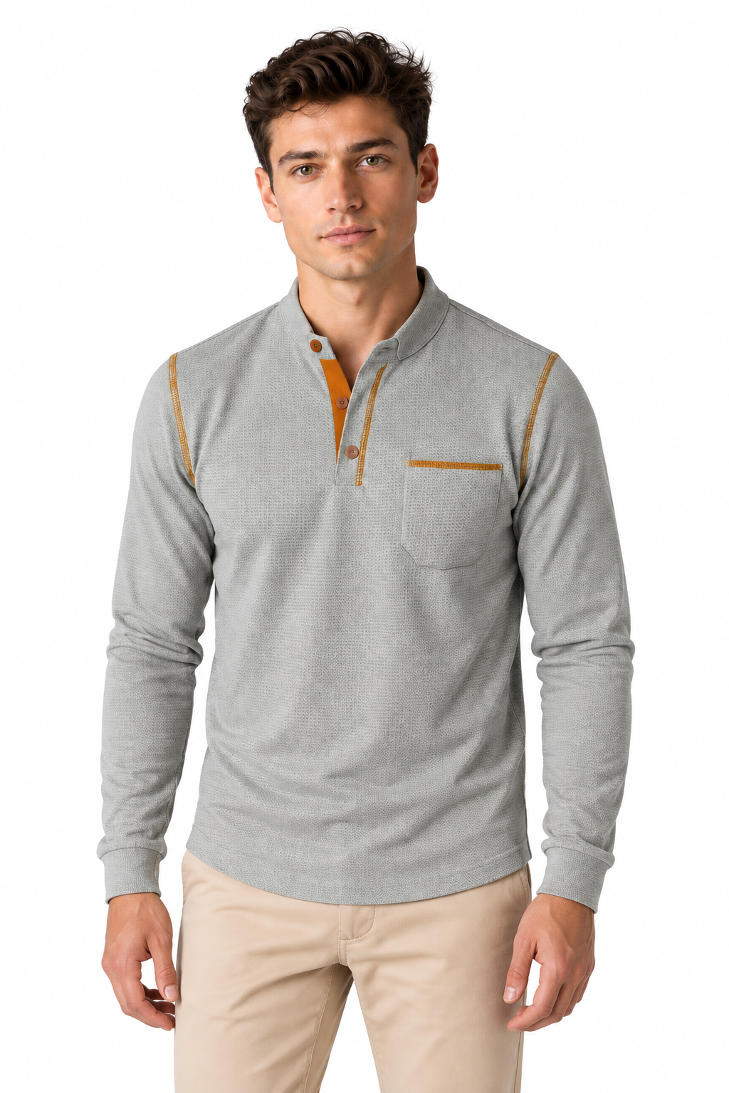 Men's Long Sleeve Polo Shirt Textured Fabric Chest Pocket in Gray - perto view