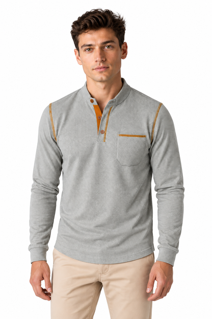 Men's Long Sleeve Polo Shirt Textured Fabric Chest Pocket in Gray - perto view