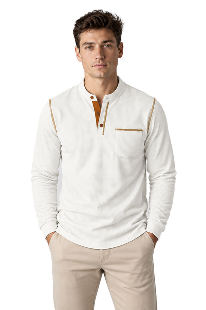 Men's Long Sleeve Polo Shirt Textured Fabric Chest Pocket in White - front view