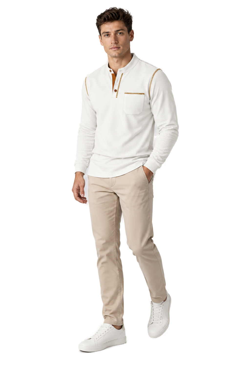 Men's Long Sleeve Polo Shirt Textured Fabric Chest Pocket in White - longinho view