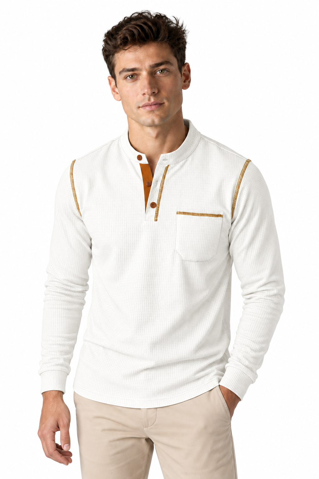 Men's Long Sleeve Polo Shirt Textured Fabric Chest Pocket in White - perto view