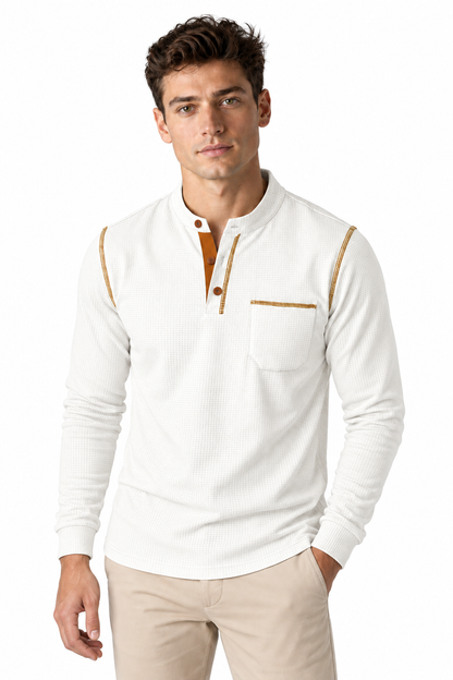 Men's Long Sleeve Polo Shirt Textured Fabric Chest Pocket in White - perto view