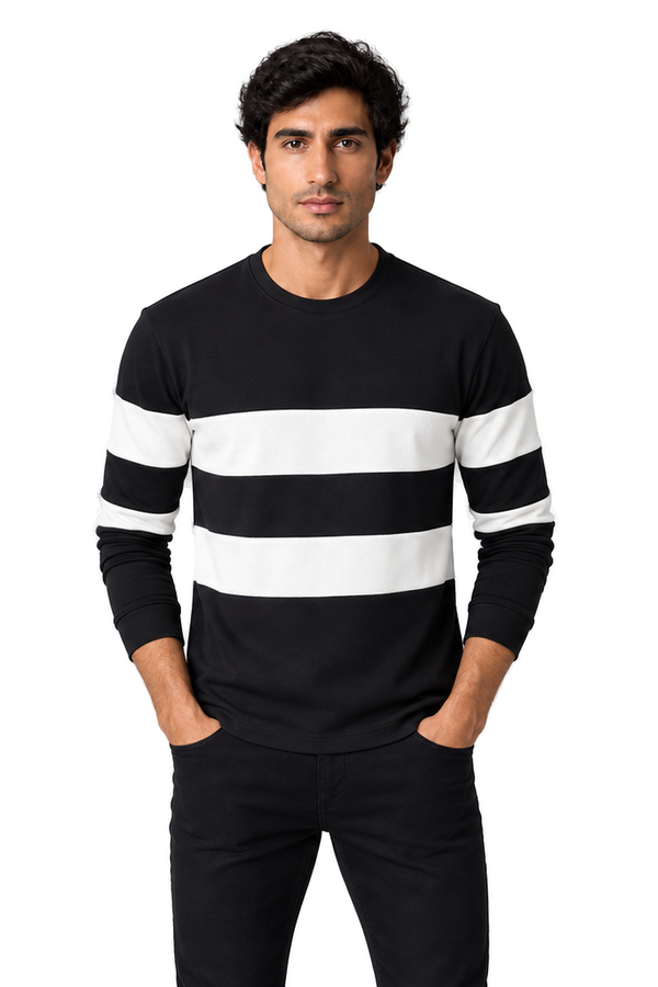 Men's Long Sleeve T-Shirt Colorblock Design Crew Neck in Black - front view