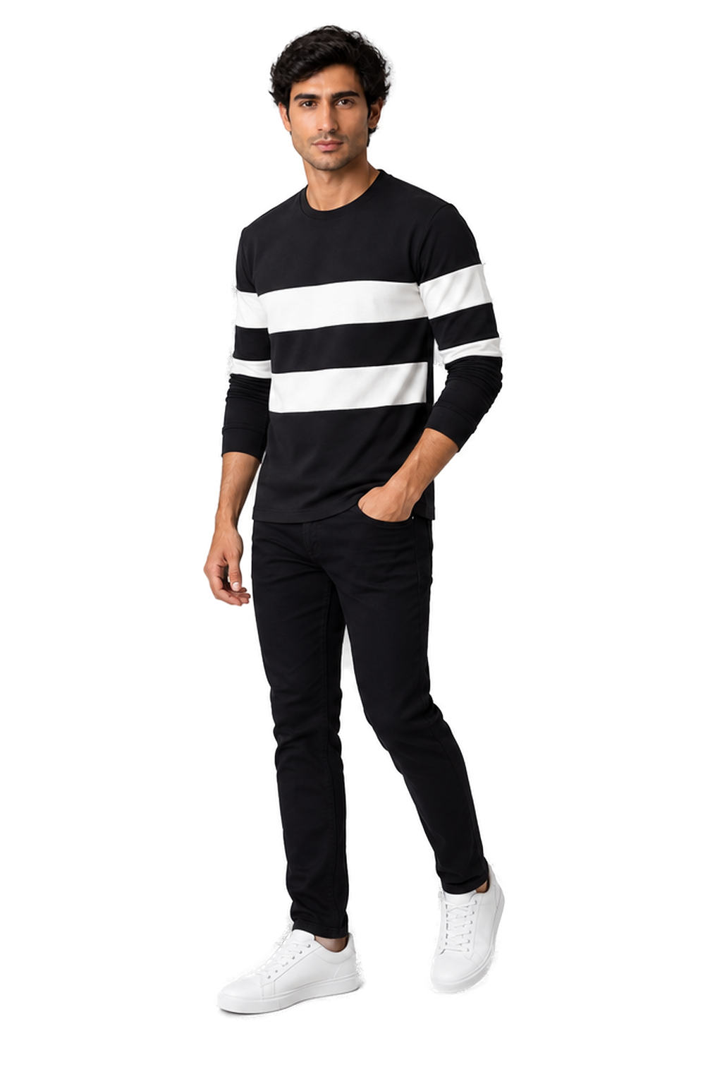 Men's Long Sleeve T-Shirt Colorblock Design Crew Neck in Black - longinho view