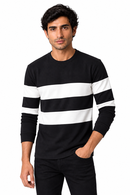 Men's Long Sleeve T-Shirt Colorblock Design Crew Neck in Black - perto view