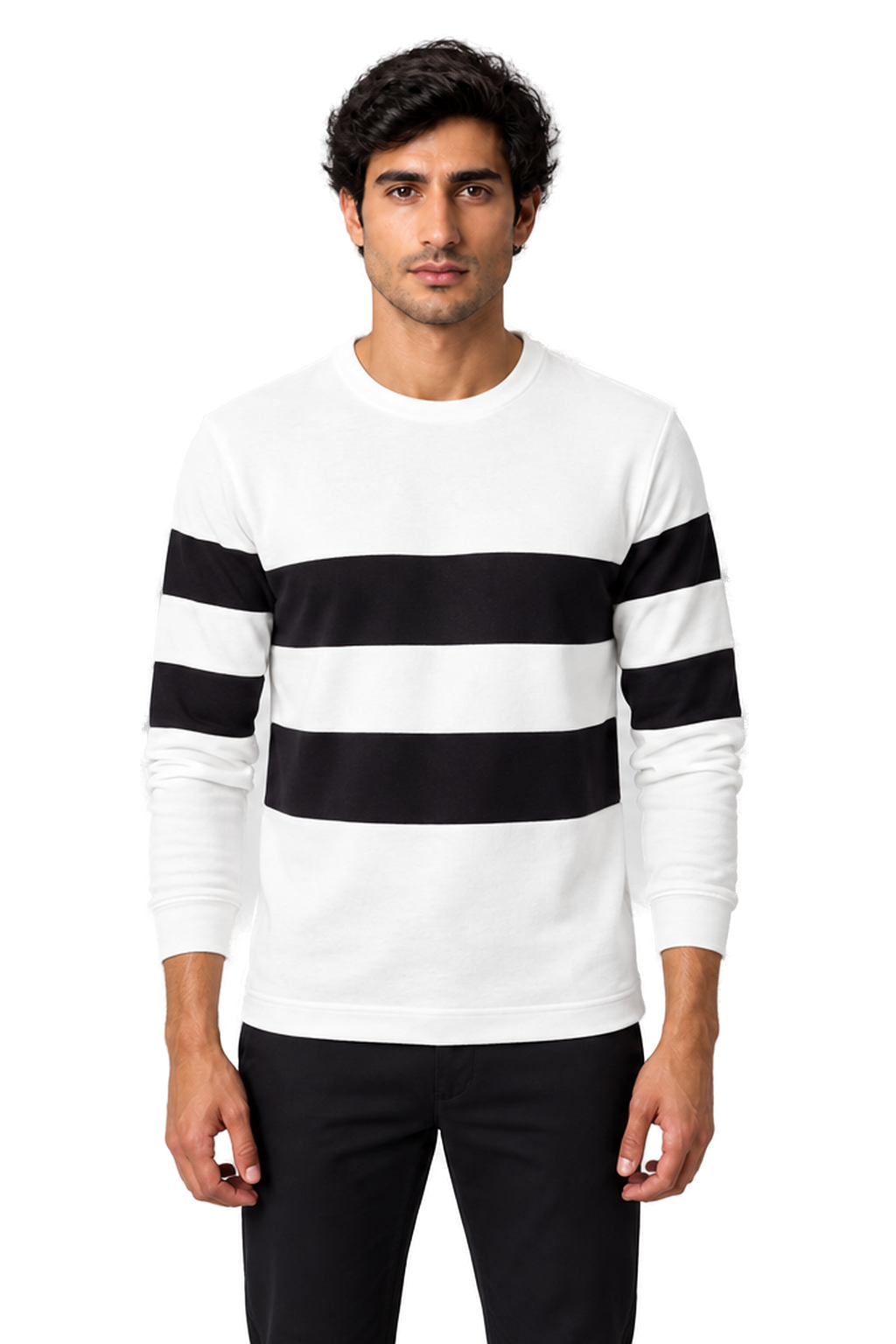 Men's Long Sleeve T-Shirt Colorblock Design Crew Neck in White - front view