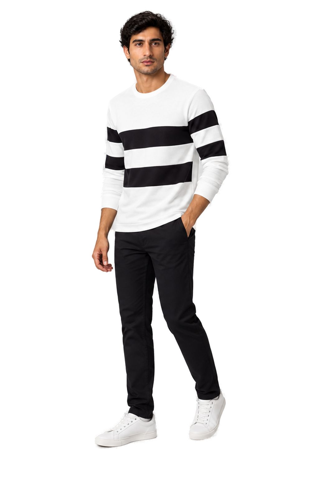 Men's Long Sleeve T-Shirt Colorblock Design Crew Neck in White - longinho view