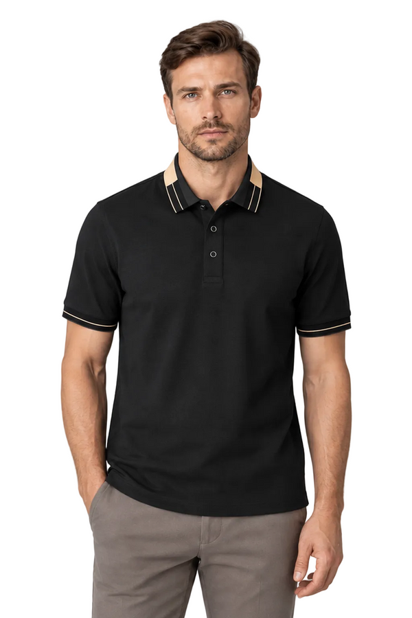 Men's Polo Shirt Contrast Collar Quick-Dry Fabric in Black - front view