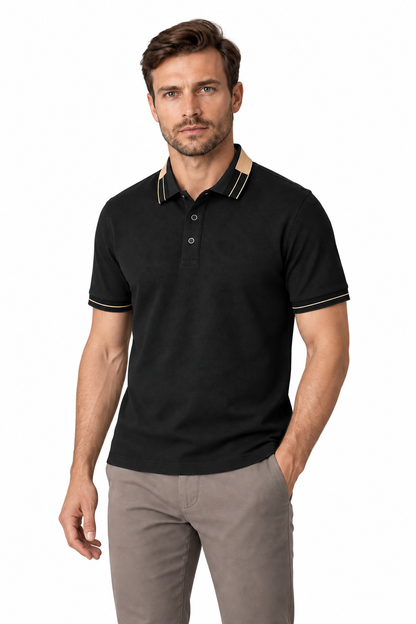 Men's Polo Shirt Contrast Collar Quick-Dry Fabric in Black - perto view