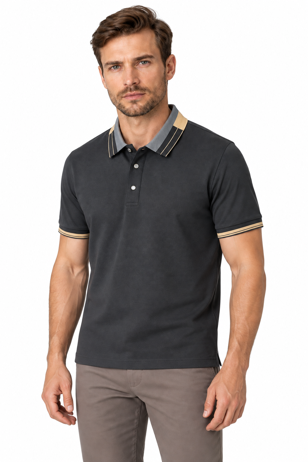 Men's Polo Shirt Contrast Collar Quick-Dry Fabric in Gray - perto view