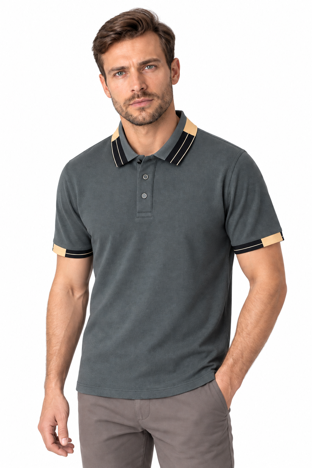 Men's Polo Shirt Contrast Collar Quick-Dry Fabric in Khaki - perto view