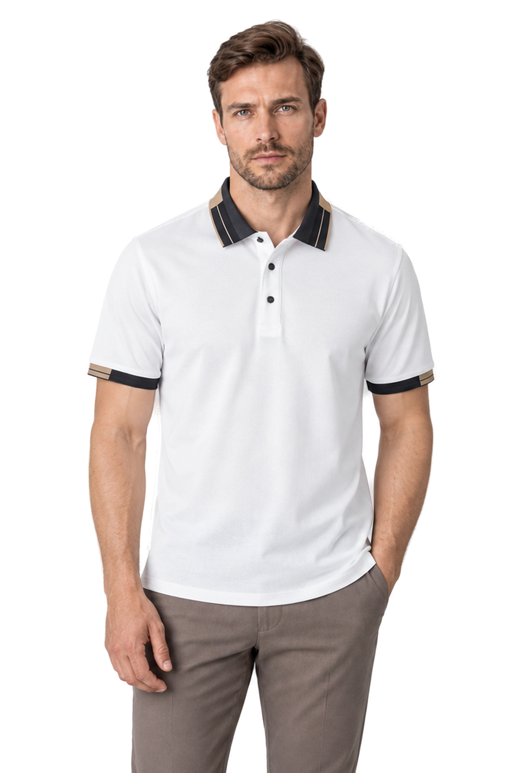 Men's Polo Shirt Contrast Collar Quick-Dry Fabric in White - front view