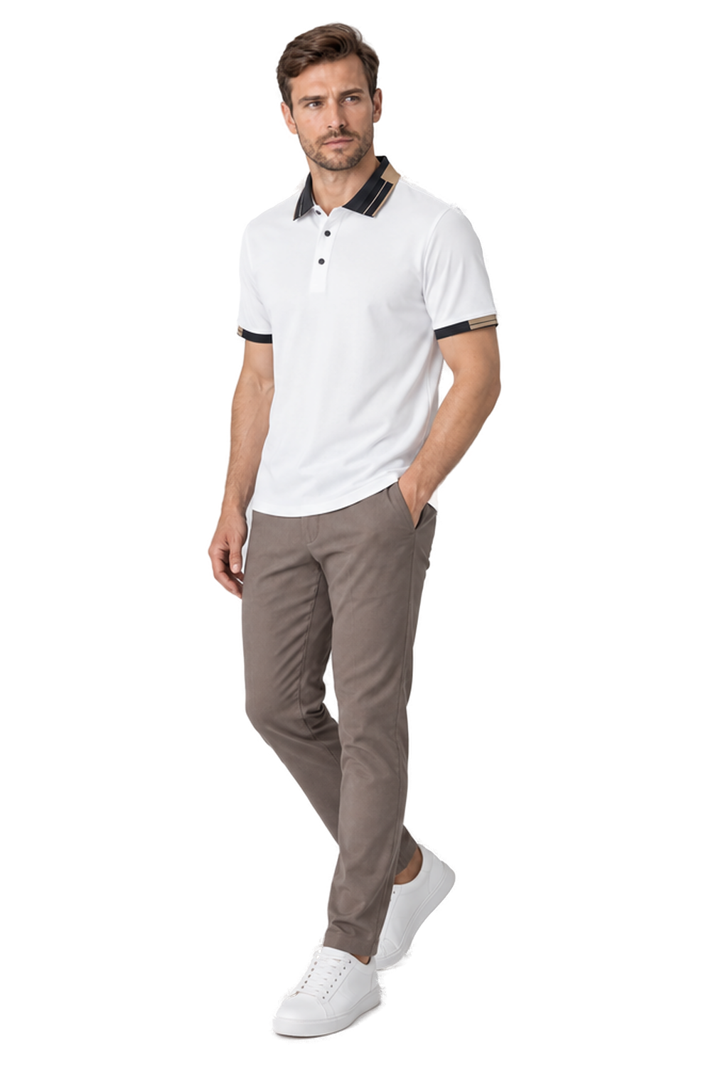 Men's Polo Shirt Contrast Collar Quick-Dry Fabric in White - longinho view