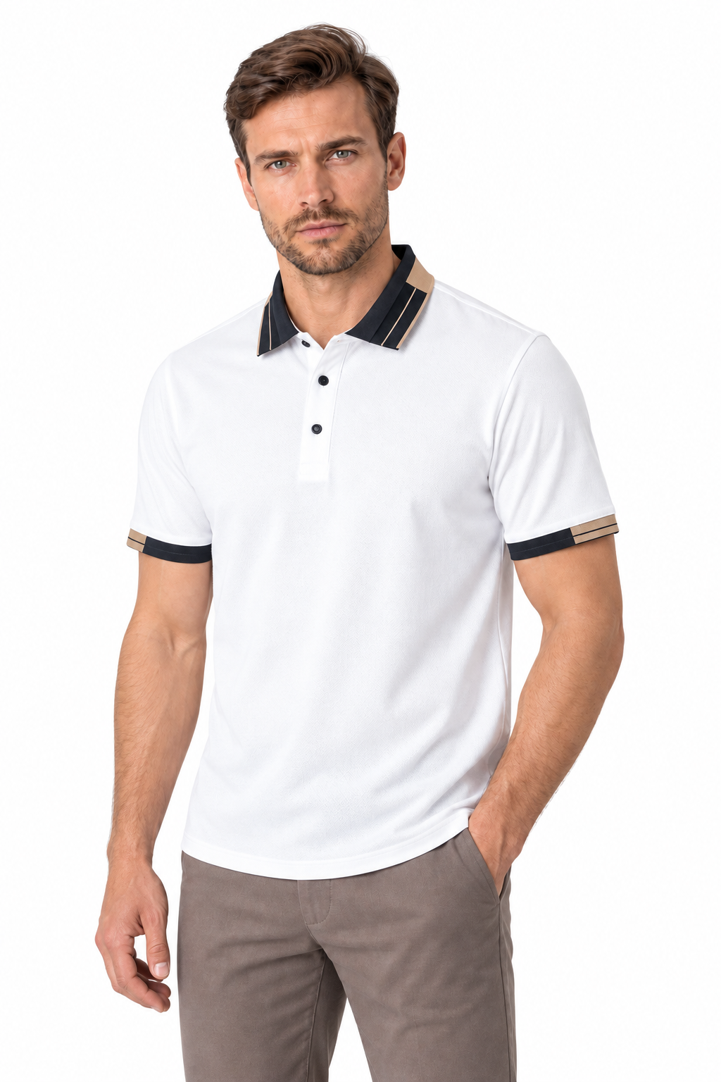 Men's Polo Shirt Contrast Collar Quick-Dry Fabric in White - perto view