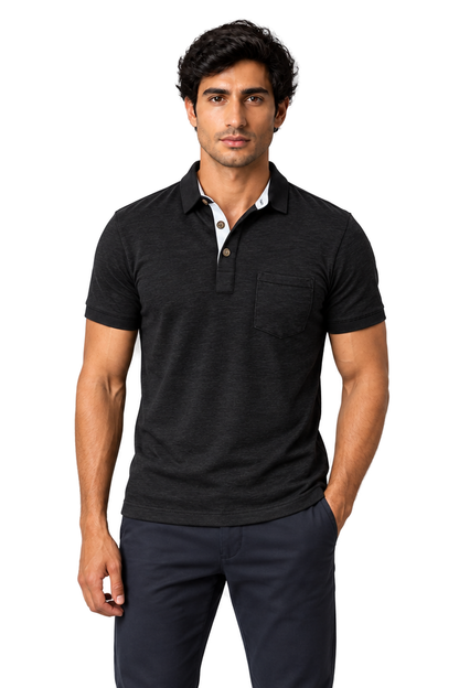 Men's Polo Shirt Moisture-Wicking Fabric Chest Pocket in Black - front view