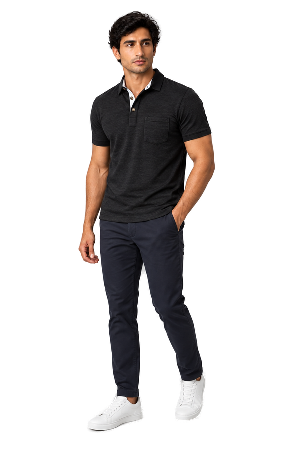 Men's Polo Shirt Moisture-Wicking Fabric Chest Pocket in Black - longinho view