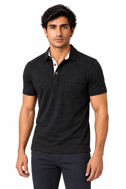 Men's Polo Shirt Moisture-Wicking Fabric Chest Pocket in Black - perto view