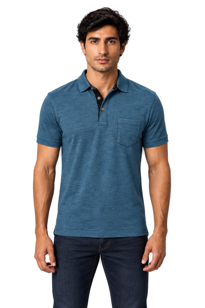 Men's Polo Shirt Moisture-Wicking Fabric Chest Pocket in Blue - front view
