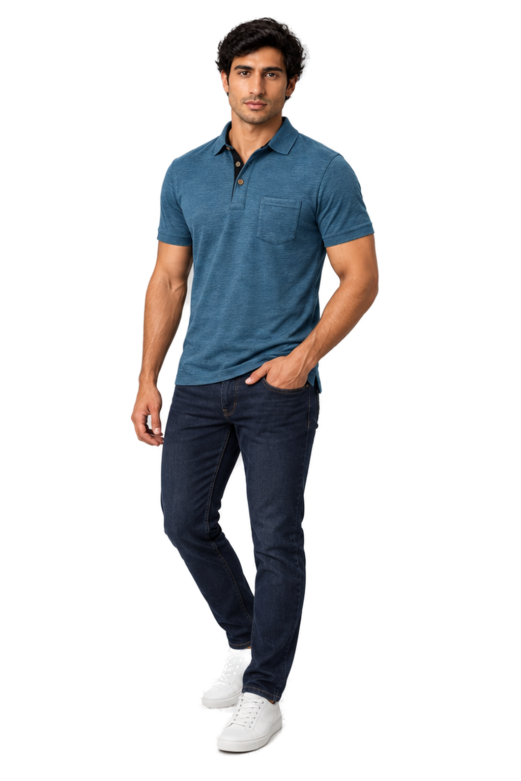 Men's Polo Shirt Moisture-Wicking Fabric Chest Pocket in Blue - longinho view