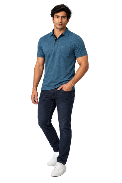 Men's Polo Shirt Moisture-Wicking Fabric Chest Pocket in Blue - longinho view